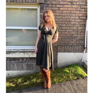 *SOLD* BCBG MaxAzria Wrap Midi Dress Polka Dot Forest Green Cream Neutral